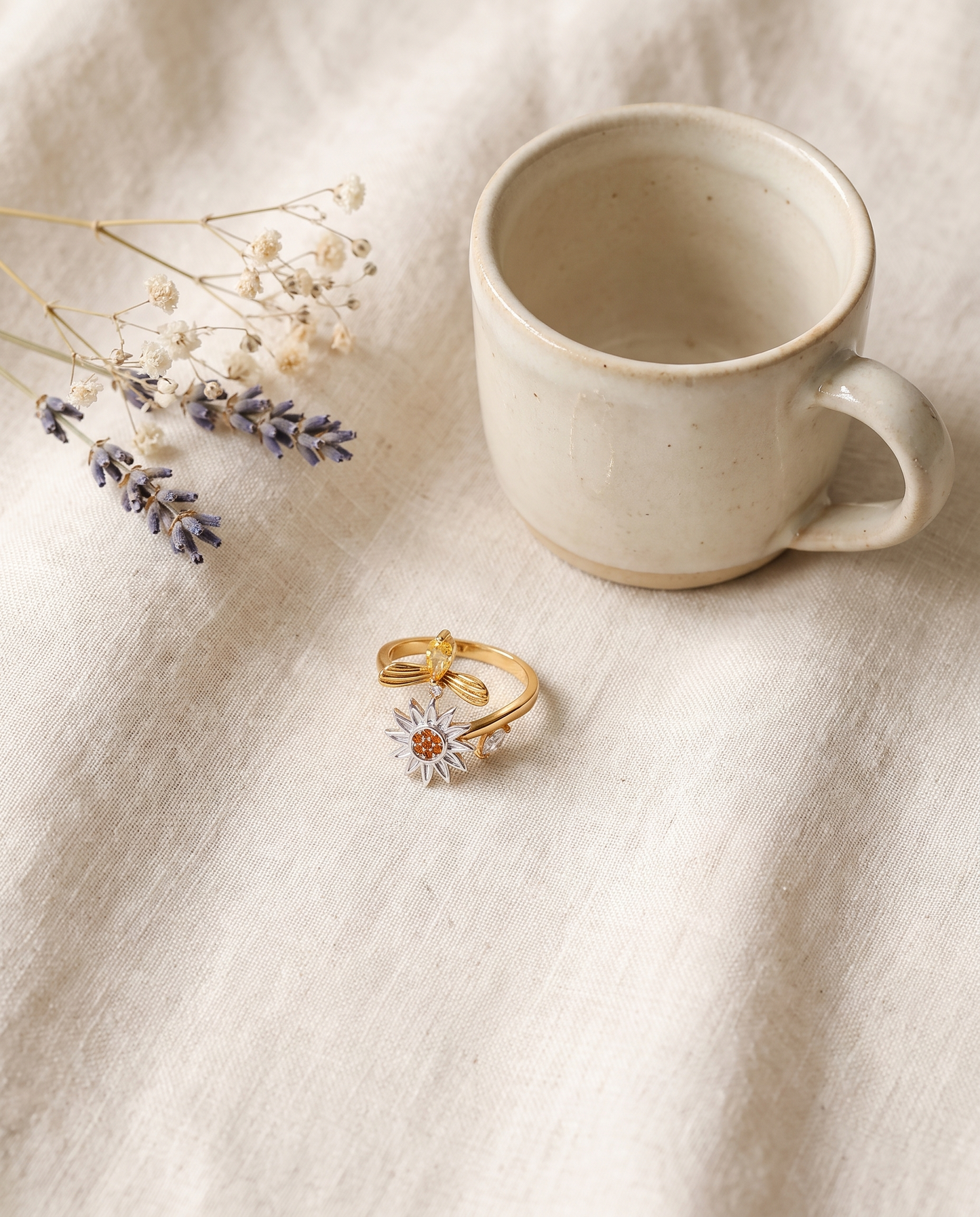 Seren ring flat-lay with coffee