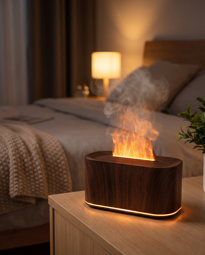 Dark wood grain flame diffuser glowing in a cozy bedroom