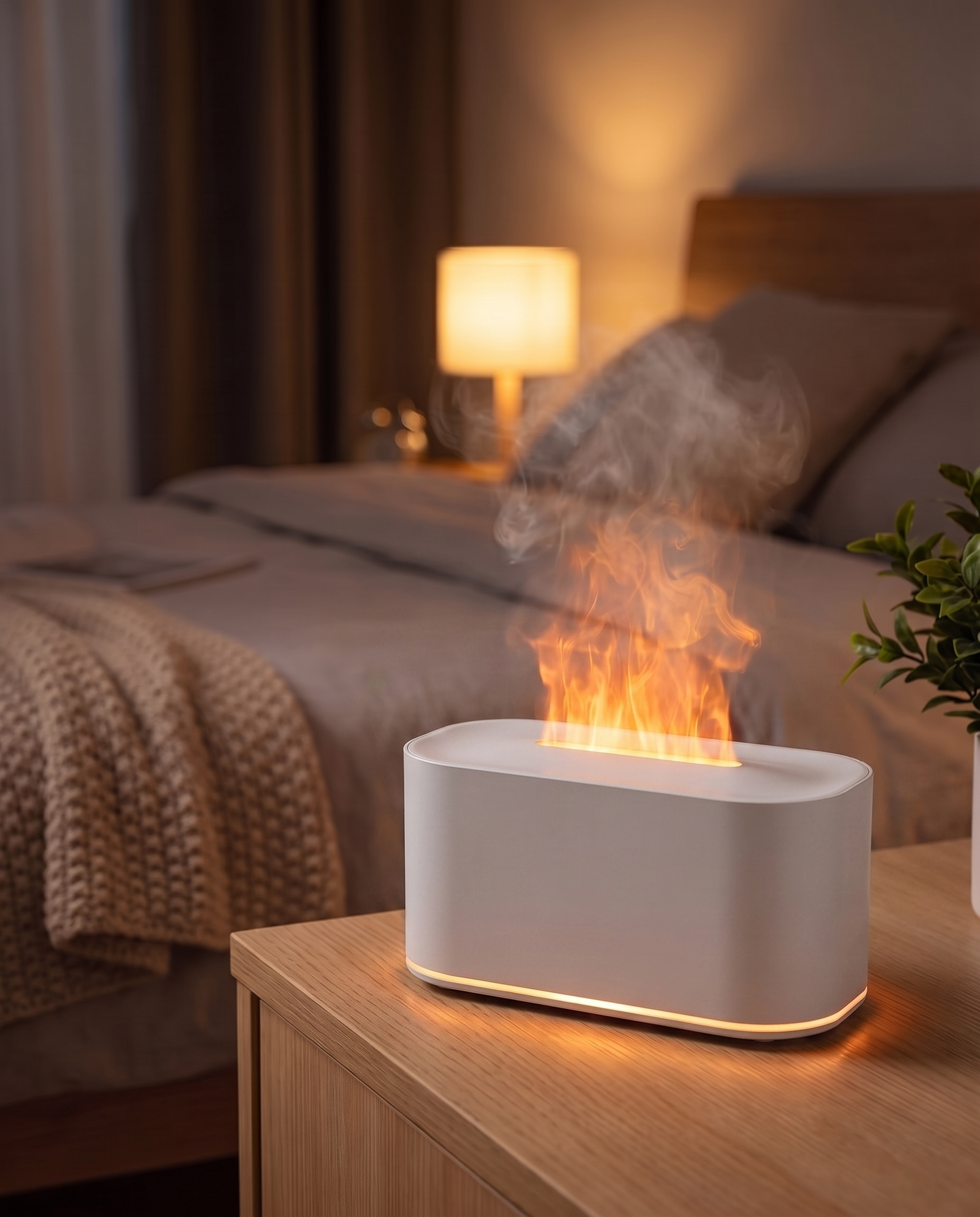 White flame diffuser in a cozy bedroom