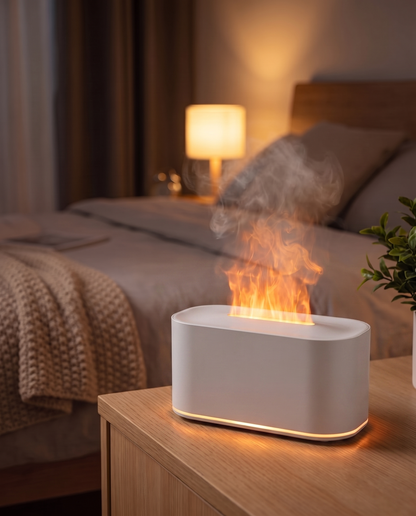 White flame diffuser in a cozy bedroom