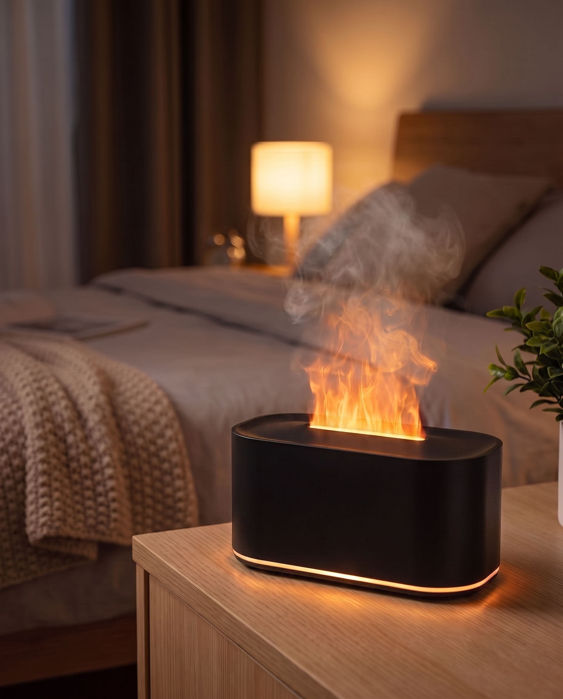 Black flame diffuser in a cozy bedroom