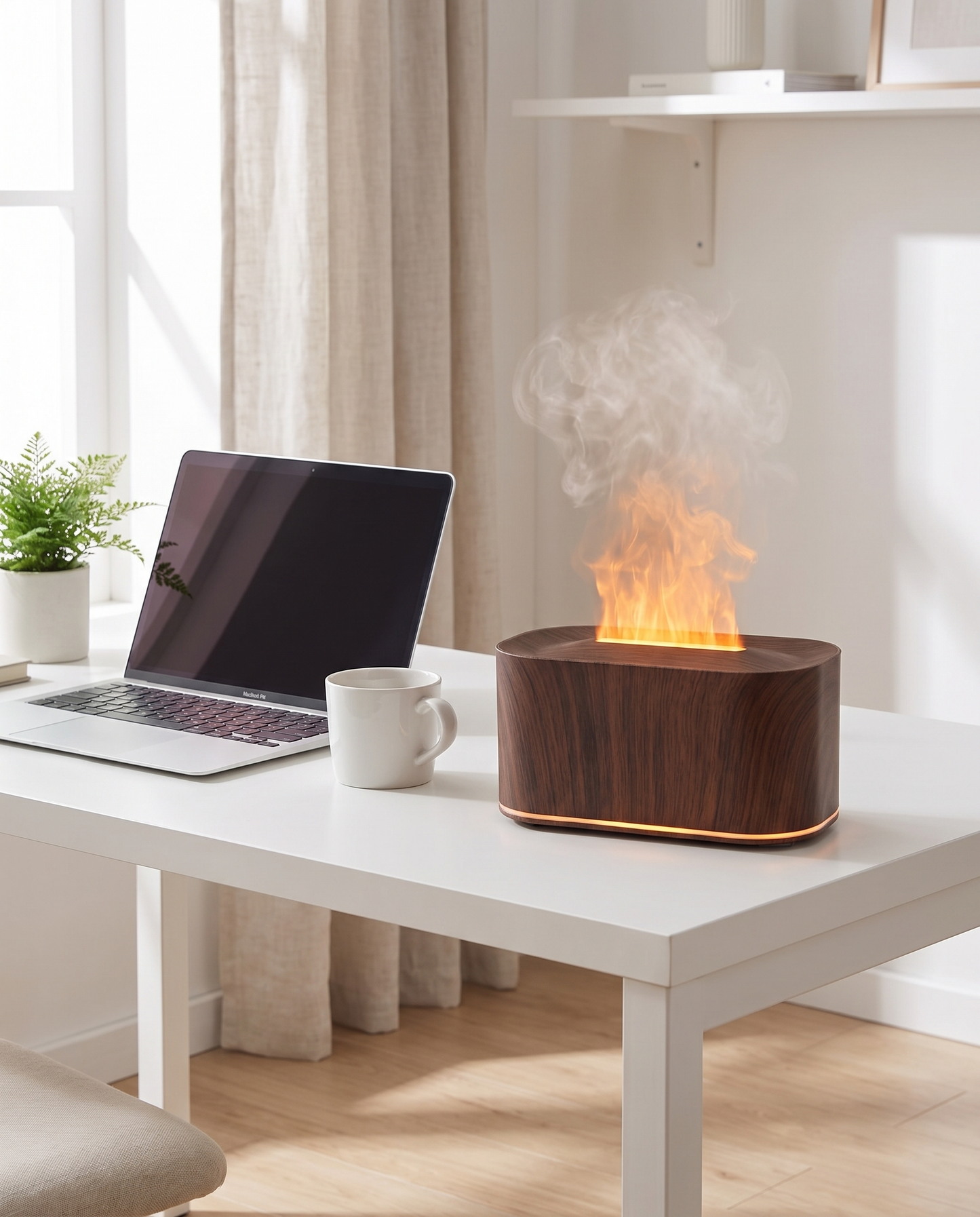 Flame diffuser on a bright home office desk